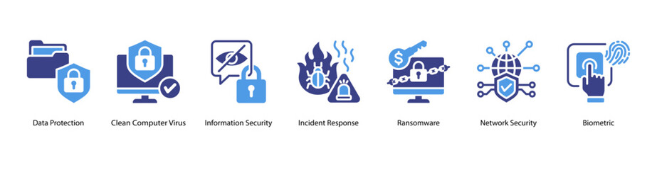 Malware and Network Security web banner icon vector illustration featuring Data Protection, Clean Computer Virus, Information Security, Incident Response, Ransomware, Network Security, and Biometric.