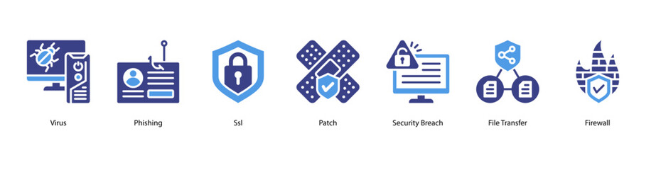 Malware and Intrusion Alert web banner icon vector illustration featuring Virus, Phishing, SSL, Patch, Security Breach, File Transfer, and Firewall.