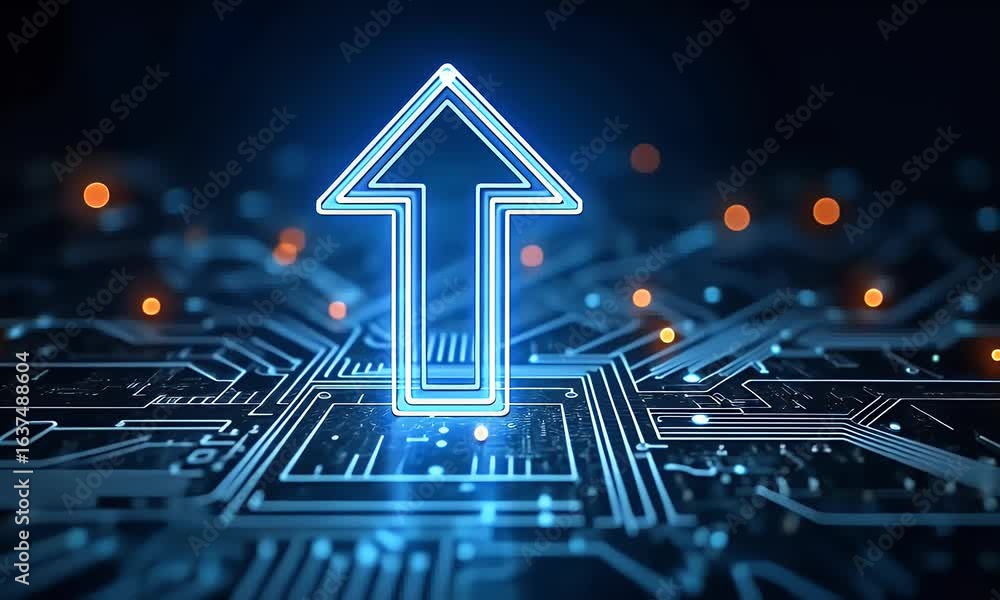 Poster digital arrow pointing up on a digital grid background with glowing dots, symbolizing growth and tec
