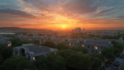Obraz premium Sunset Residential Buildings Solar Panel Architecture Photography