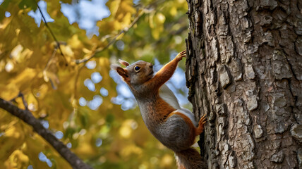 Obraz premium A squirrel climbs the trunk of an old oak tree covered in thick, twisting bark.