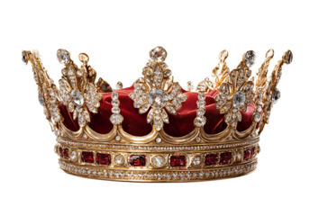 Golden crown with red velvet, transparent background, in PNG format. Transparent background