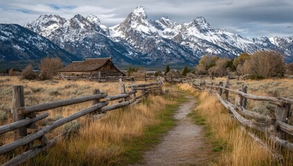 Mountain valley path, weathered wooden fence, autumnal colors, snow-capped peaks