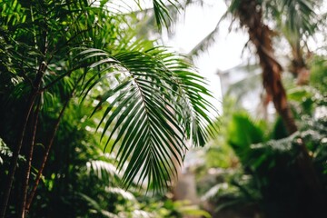 Obraz premium Close-up of lush palm frond, tropical foliage, blurred background