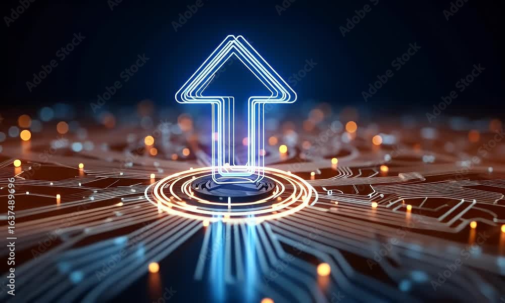Poster digital arrow pointing up on a digital grid background with glowing dots, symbolizing growth and tec