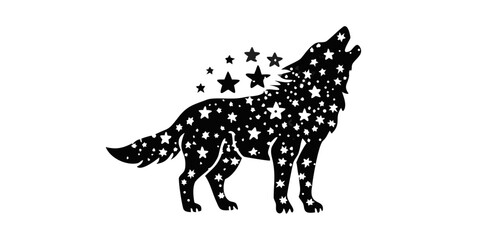 Silhouette of a howling wolf covered in stars against a black background