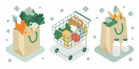 Groceries in shopping bag and cart with bottles