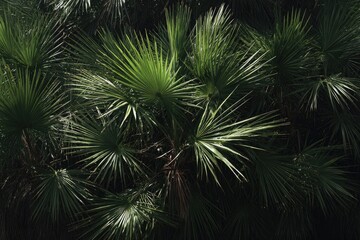 Lush palm fronds, dark background