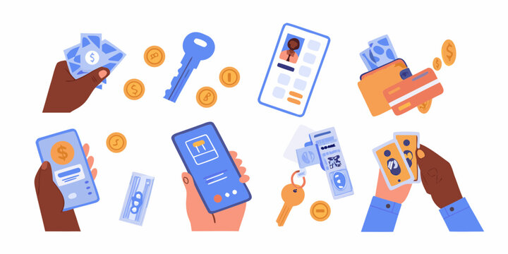Hands holding money cards keys and phones illustrating financial transactions