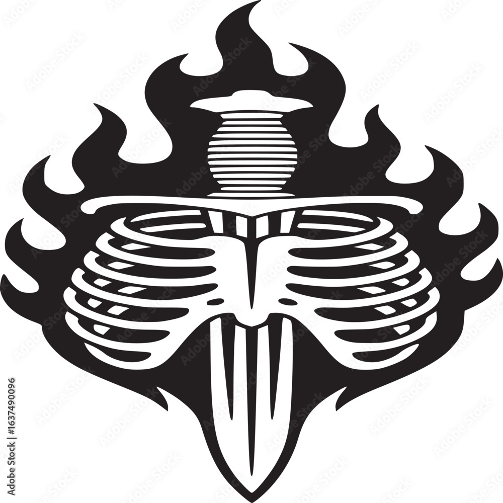 Poster a graphic design of a skeleton torso with a sword through it and flames around it on a white backgro