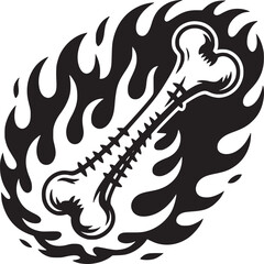A black and white illustration of a bone surrounded by flames on a white background design art