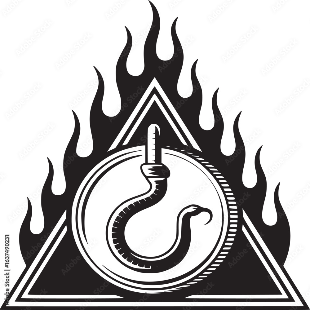 Poster a black and white graphic design featuring a snake in a circle inside a triangle with flames around 