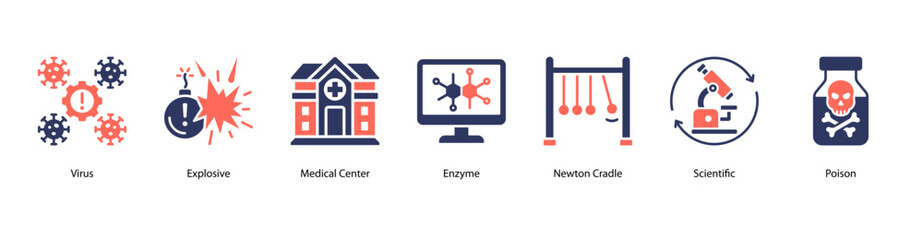 Virus, Risk and Toxicology web banner icon vector illustration featuring Virus, Explosive, Medical Center, Enzyme, Newton Cradle, Scientific, and Poison.