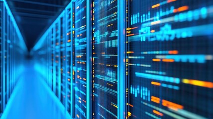 Futuristic data center with illuminated server racks showcasing technology and advanced networking.
