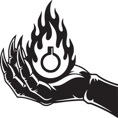 A clawed hand holding a burning alchemical symbol in black and white minimalist vector illustration