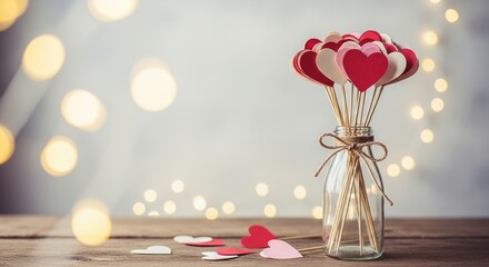 Heart Bouquet in Glass Bottle with Twine Bow and Bokeh Lights Backdrop
