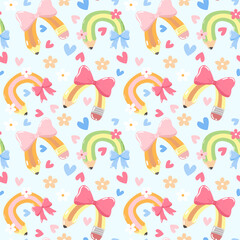Pastel Cute Bow and Flower Seamless Pattern, Kawaii Hearts Digital Paper, Pink Background Scrapbook Paper, Spring Summer Fabric Design