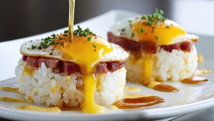 Two rice dish topped with fried egg and ham, drizzled with sauce