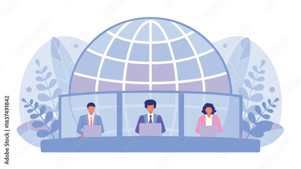 Aufkleber three people working at computers in front of a globe and leaf background illustration design