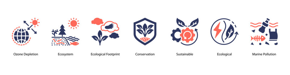 Eco Sustainability web banner icon vector illustration featuring Ozone Depletion, Ecosystem, Ecological Footprint, Conservation, Sustainable, Ecological, and Marine Pollution.