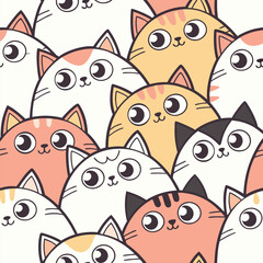 Seamless pattern with funny cartoon cats, an adorable vector illustration set of cute and happy pet faces