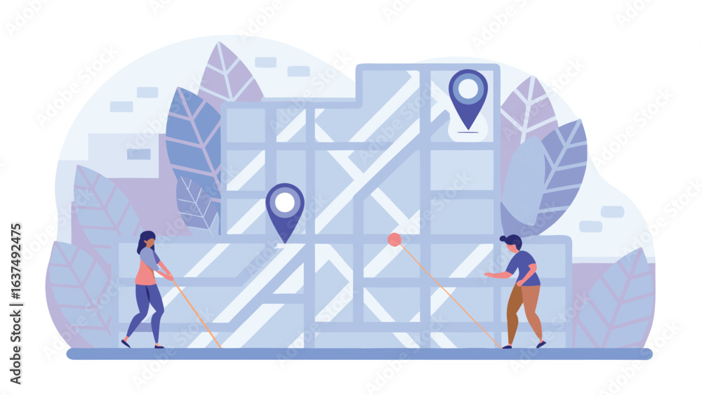 Poster people planning a route on a map with location pins and a connecting line between points displayed c
