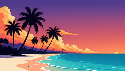 Fototapeta premium Tropical Beach Sunset: A breathtaking coastal scene unfolds, where the warm embrace of the sunset bathes the shore, palm trees in silhouette, and the gentle waves.