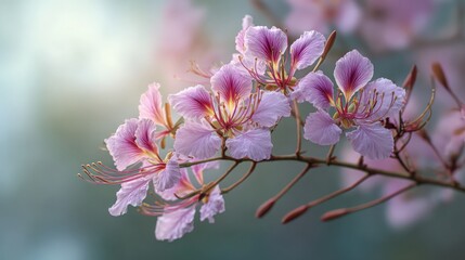 Obraz premium Delicate pink flowers bloom on a soft-focus background, showcasing nature's beauty.