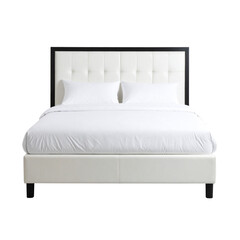 Modern bed with headboard and footboard, white leather or fabric cover isolated on transparent background