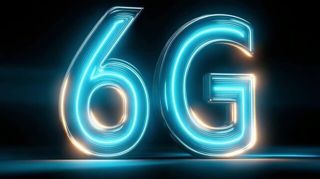 6G luminescent blue cyan neon logo on a black background with a lighting effect