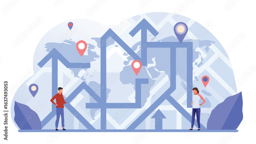 Poster illustration of people navigating a complex route on a world map with location markers