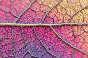 Obraz premium Close-up of a leaf's intricate vein structure, vibrant fall colors