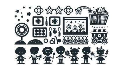 Illustration featuring children, stars, flowers, a train and other decorative elements in black and white