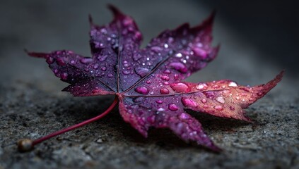 Close-up of a vibrant, purple-hued maple leaf, glistening with water droplets on a textured stone surface