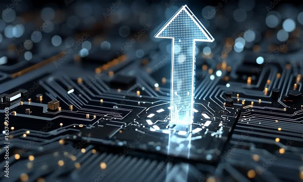 Poster digital arrow pointing up on a digital grid background with glowing dots, symbolizing growth and tec
