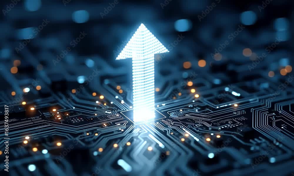 Poster digital arrow pointing up on a digital grid background with glowing dots, symbolizing growth and tec