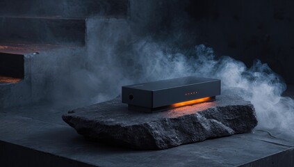 Dark, modern box device rests on rock, backlit with orange glow, smoky backdrop