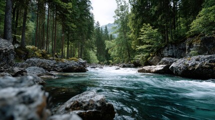 Obraz premium A river with a rocky shoreline and trees in the background