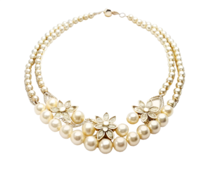 Double strand pearl necklace with floral diamond accents isolated on transparent background