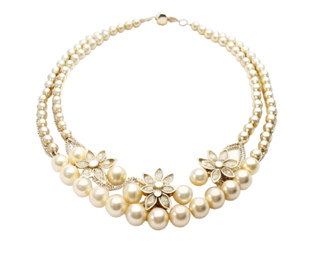 Double strand pearl necklace with floral diamond accents isolated on transparent background