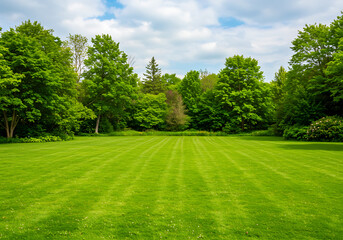 Naklejka premium A serene outdoor image of a fresh, green lawn with a variety of lush trees under a cloudy sky.