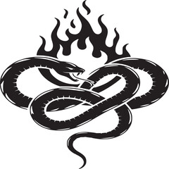 A stylized black snake coiled with its tongue out and flames above it on a white background art