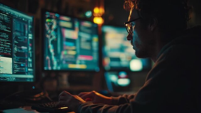 A dedicated programmer sits at a modern desk, surrounded by multiple glowing monitors, deeply focused on writing code in a dimly lit, tech-inspired workspace.