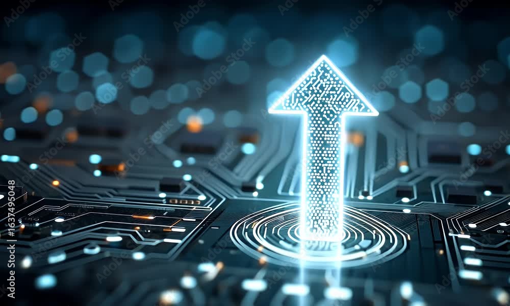 Poster digital arrow pointing up on a digital grid background with glowing dots, symbolizing growth and tec