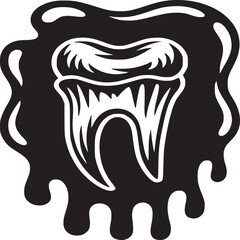 A stylized black and white illustration of a tooth surrounded by a dripping black substance