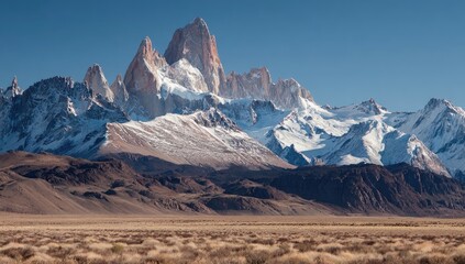 Majestic snow-capped mountain range. Vast desert landscape at base. Clear blue sky
