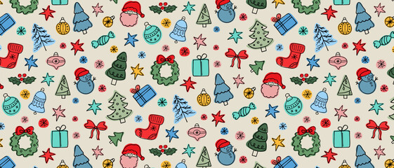 Colorful Christmas pattern with hand drawn winter holiday elements. Festive, joyful background, New Year decoration for textiles, wrap