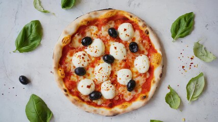 A fresh pizza topped with mozzarella, black olives, and chili flakes is artistically arranged on a white surface. Surrounding ingredients add charm to the presentation