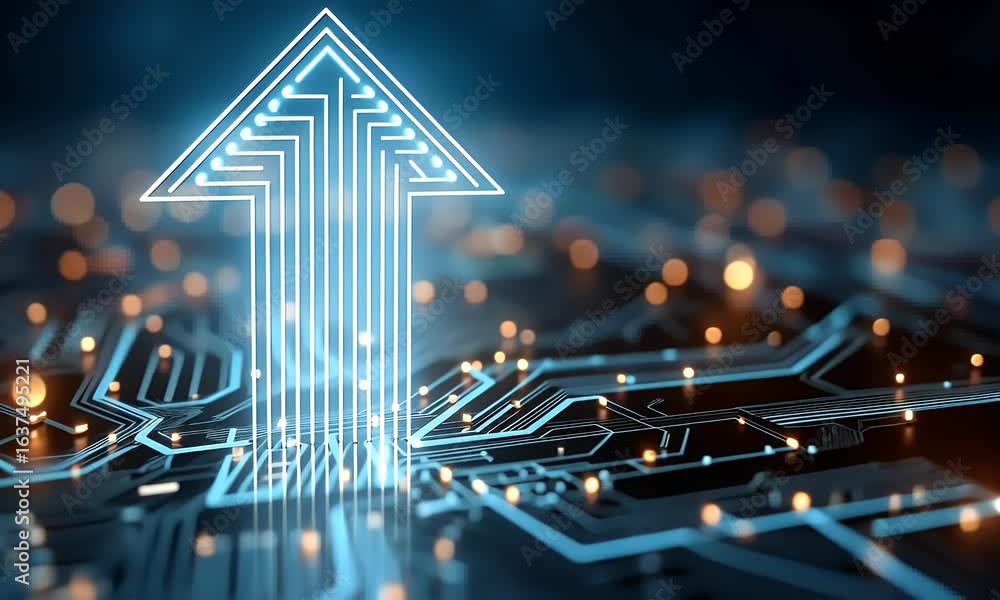 Poster digital arrow pointing up on a digital grid background with glowing dots, symbolizing growth and tec