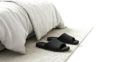 Stylish black leather slippers on a soft rug next to the bed, cozy atmosphere, studio photo on a white background, plenty of space for text